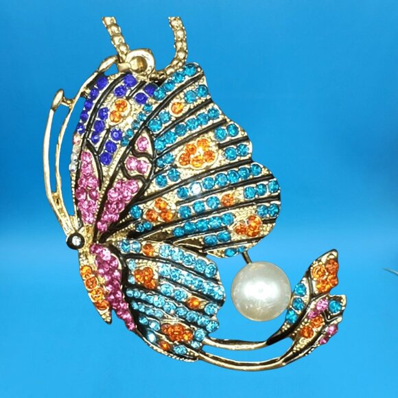 Colorful Rhinestone Butterfly Pendant Necklace w/ Pearl Accent Gift Boxed - Picture 3 of 5